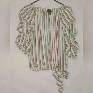 COCO BIANCO Striped Off The Shoulder Ruched Sleeve Top, Size S